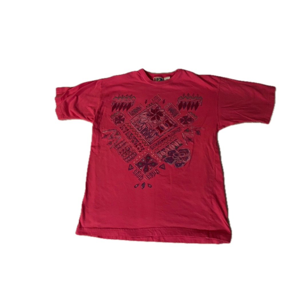 Vintage 90s HKA Pink Graphic T-Shirt Women S/M Geometric Floral Short Sleeve Tee